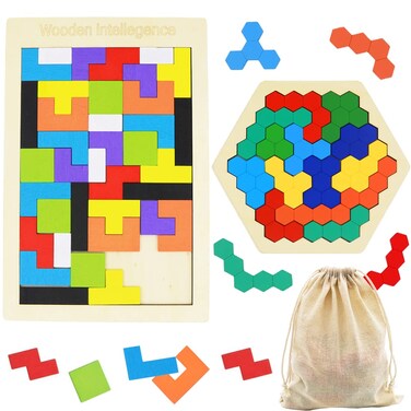 2 Pack Wooden Russian Blocks Puzzle + Hexagon Puzzles for Kids &amp; Adults, Wooden Block Puzzle Intelligence Brain Teasers Toy Logic Game STEM Educational Gift for Children