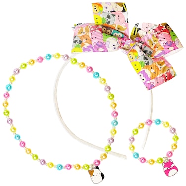 SQUISHMALLOW Cute Hair Headband Jewelry Set for Little Girls - 3pc Toddler Dress Up Kit - 1 Kids Headband With Bow - Necklace - Bracelet   girl birthday gift - Ages 8+