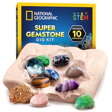 NATIONAL GEOGRAPHIC Gemstone Dig Kit &ndash; Dig Up 10 Real Gemstones and Crystals, Science Kit for Kids, Gem Digging Kit, Gift for Girls and Boys, Mining Kit, Rock Collection