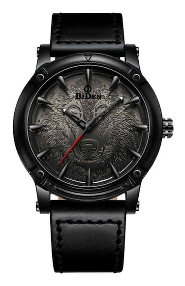 Carlien New 3D Engraved Wolf Dial Quartz Watch for Men Big Face Sport Leather Casual Wristwatch (Black)