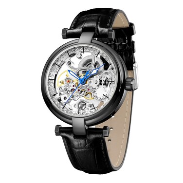 Carlien Skeleton Automatic Steampunk Watches Gold-Tone Luminous Hands Leather Strap Wrist-Watch (Silver)