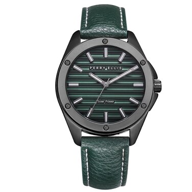 Perry Ellis Solar Powered Mens Watch   Vegan Leather Water-Resistant Analog Wrist Watches for Men   42mm Case   Relojes para Hombres   Elegant Gift for Man (Green)