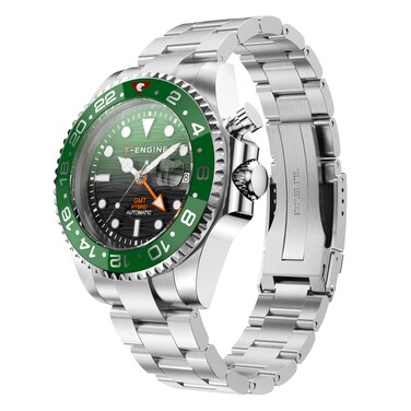 T-ENGINE GMT Watches for Men with 10 ATM Waterproof, Dual Time Track Automatic Charged Wrist Watch, Stainless Steel 43mm Quartz Watch for Men