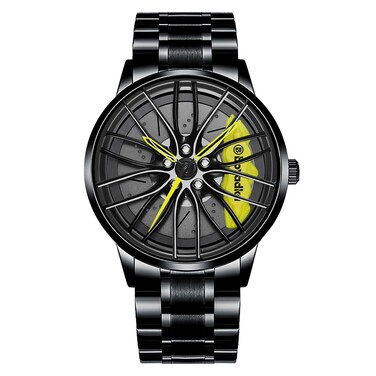 Car Watches for Men,Waterproof Stainless Steel Japanese Quartz Wrist Watch Sports Men&rsquo;s Watches with Car Wheel Rim Hub Design (Yellow)