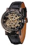 MASTOP Men's Retro Minimalist Mechanical Wrist Watch Leather Strap Roman Number Transparent Dial Skeleton Watch (Black Gold)