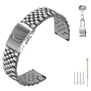 Hstrap Simple Stainless Steel Watch Band Compatible with Samsung Galaxy Watch 3 45mm Band/Galaxy Watch 46mm/Classic Watch Bands, 22mm Metal Double Locking Foldover Clasp Watch Band Strap for Men Women