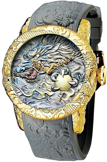 Automatic Watch for Men Fashion 3D Engraved Dragon Waterproof Big dial Sport Wristwatch (Gold Grey)