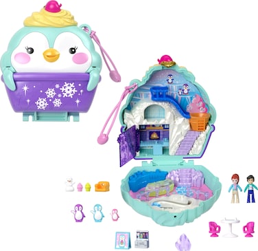 Polly Pocket Dolls &amp; Playset, Snow Sweet Penguin Compact with 13 Accessories, Travel Toy with Fidget Exterior