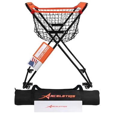 ACELETIQS Baseball Softball Portable Batting Practice Ball Caddy, Use During Training and Drills, Save Your Back No More Bending, Holds up to 60 Baseballs, Instant Setup (4 Leg with Wheels)