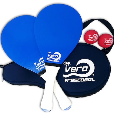 Frescobol Starter Set, 2 Vero Wood Paddles, Premium White Padded Grips, Neoprene Case, 2 Official Red Balls