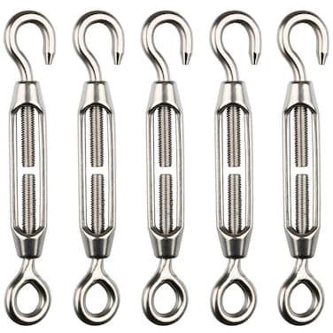 H&amp;S Stainless Steel Turnbuckle Wire Tensioner for Cables Wire - 5pcs - Heavy-Duty Eye Rope Cable Tension Set for Adjusting Length - M4 Stainless Steel Hook and Wire Strainer