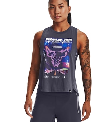 Under Armour Women's Project Rock Worldwide Tank 1373775 (US, Alpha, Large, Regular, Regular, Tempered Steel/White - 558)