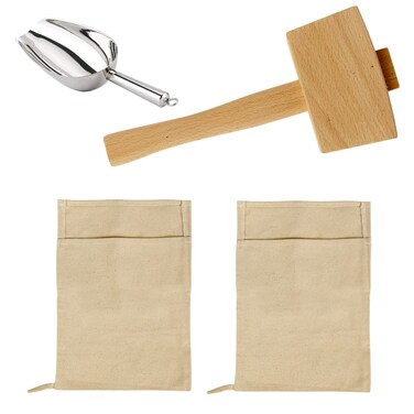 Professional Lewis Bags and Ice Mallet Set - Reusable Canvas Crushed Ice Crushing Bags with Wooden Mallet for Bartender Kit &amp; Bar Tools Kitchen Accessory