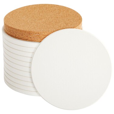 12 Round Unglazed Ceramic Tiles for Crafts with 12 Cork Pads for DIY Coasters, Acrylic Pouring, Alcohol Ink, White Blank Coasters for Painting, Art Projects (4.2 in)
