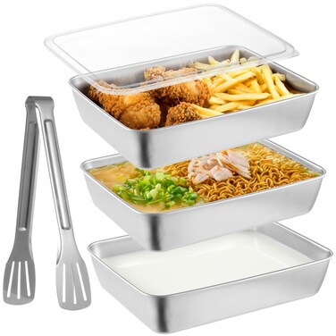 Breading Trays Set of 3, 10 x 8 x 2 Inches Large Stainless Steel Breading Pans for Cooking with Lids &amp; Tong, Food Containers for Dredging Chicken Breasts and Marinating Meat, Food Prep Holders