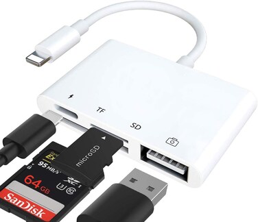 SD TF Card Reader Lightning Adapter, rosyclo Apple MFi Certified 4 in 1 USB OTG Camera Connection Kits Charge Cable for iPhone, Compatible with iPhone12/11/11Pro/X/iPad, Support iOS 9.2-14+(White)
