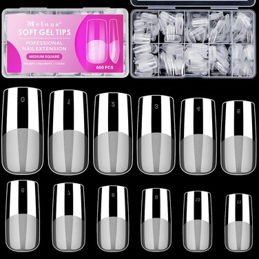 Melous Medium Square Soft Gel Nail Tips, 12 Sizes, 600 PCS, Full Cover, Matte Finish