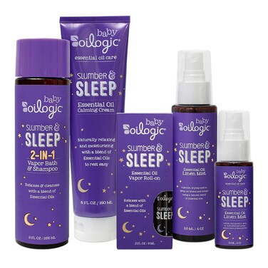 Oilogic Slumber &amp; Sleep Baby Bath Essentials Gift Set, 5-Pack - Essential Oil Care Includes Roll-On, Calming Cream, Vapor Bath, and Two Linen Mist - Relaxing Lavender &amp; Chamomile