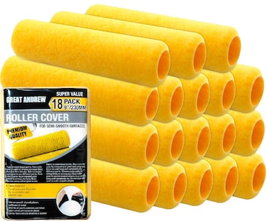 Great Andrew 18 PCS Paint Roller Covers 9 Inch, 3/8 Nap Paint Roller Kit Dense Fibers for Painting Textured Rough Surfaces Fit 9" Paint Roller Frame