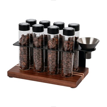 watchget Coffee Bean Storage with Hopper Woodern Display Rack with 8 Single Dose Coffee Bean Storage Tubes with One-way exhaust valve,B