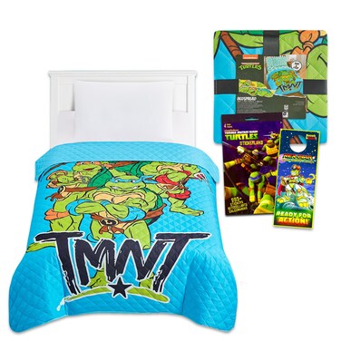 Teenage Mutant Ninja Turtles Bedspread Twin Set for Kids - Bundle with Reversible TMNT Quilted Bedspread for Twin Bed Plus Stickers, More   TMNT Twin Bedding Set for Boys
