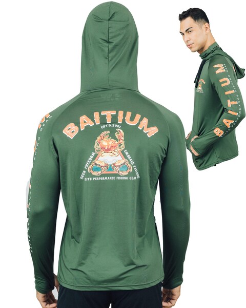 Fishing Shirts For Men, Fishing Shirt, Hooded Long Sleeve With Gaiter, Fishing Gear And Equipment, UPF50 Hoodies for Men, Sun Hoodie Mens, Fishing Clothes for Men- Unisex Crab (X-Large, Green)
