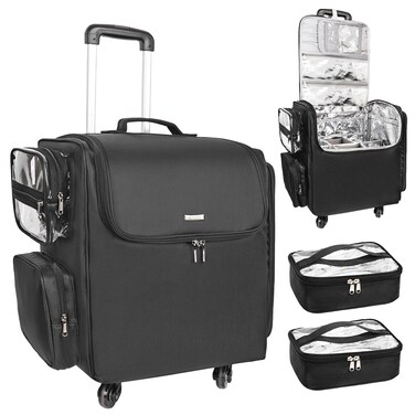 Relavel Rolling Makeup Train Case, Hairstylist Traveling Bag with 4 Wheels, Heat Insulation Full Layer, Adjustable Dividers, Hair Tools and Cosmetics Storage Organizer Trolley Suitcase Makeup Cart