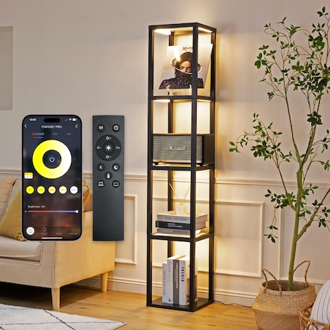 FENLO Fantasy Pro - 66&quot; Glass Dimmable LED Floor Lamp with Shelves for Bedroom, Tempered Glass Display Shelf Lamp for Living Room, Open Display Stand for Business, Long Lasting LED, Unique Home Decor