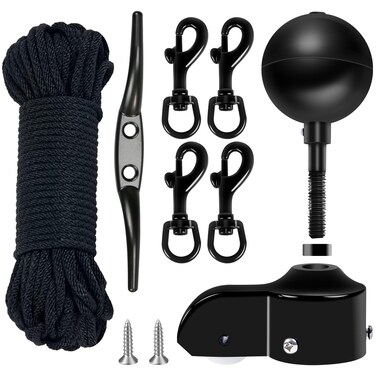 NQ Flagpole Hardware Repair Parts Kit,50 Feet Halyard Rope+3" Black Ball+6" Zinc Alloy Cleat + 4 Metal Swivel Snap Clips + Aluminum Alloy Flagpole Truck with Nylon Pulley for 1.6"-2" Flag Poles