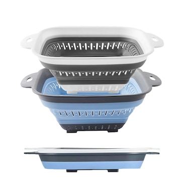 Fglmctsh Collapsible Colander Set, Square Round Triangles Silicone Kitchen Strainer Perfect for Draining Pasta Vegetable fruit 2 PCS (10.8"L x 8.6"W x 2"H, Blue &amp; Gray)