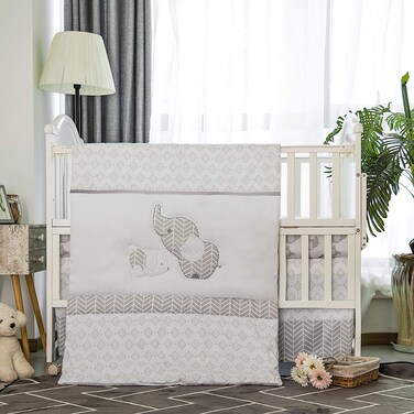 La Premura Baby Crib Bedding Set for Boys, Gray Elephants &amp; Puppy 3 Piece Standard Size Grey Crib Set, Fitted Crib Sheet, Quilt &amp; Crib Skirt, Unisex Nursey Bedding and Neutral Decor