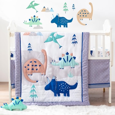 Bertte 4 Piece Crib Bedding Set for Boys Girls, Nursery Bedding Standard Size Soft Baby Bedding Crib Set Including Cartoon Quilt, Crib Skirt, Fitted Crib Sheet and Plush Toy (Grey Dinosaur)