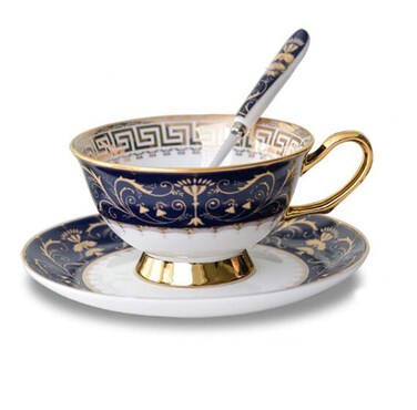 YBK Tech Euro Style Bone China Cup&amp; Saucer Set, Ceramic Tea Coffee Cup for Home Kitchen Wedding (Royal Pattern- Deep Blue)