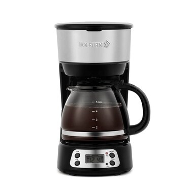 Holstein Housewares 5-Cup Programable Coffee Maker, Convenient and User Friendly, Black and Stainless Steel with Auto Pause and Serve Function, Glass Carafe