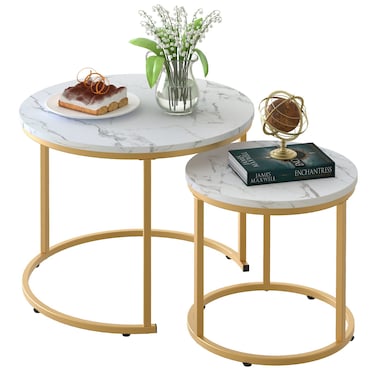 aboxoo Coffee Table Nesting White Set of 2 Side Set Golden Frame Circular Round and Marble Pattern Wooden Tables, Living Room Bedroom Apartment Modern Industrial Simple Nightstand