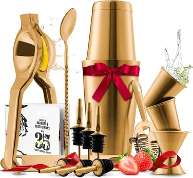 Bar Set Cocktail Shaker Set, Stainless Steel Mixology Bartender Kit, 16 Piece Cocktail Kit, Gold Cocktail Set, Bar Tools: 30oz Martini Shaker, Muddler, Bar Kit Cocktail Book, Jigger and Pourers