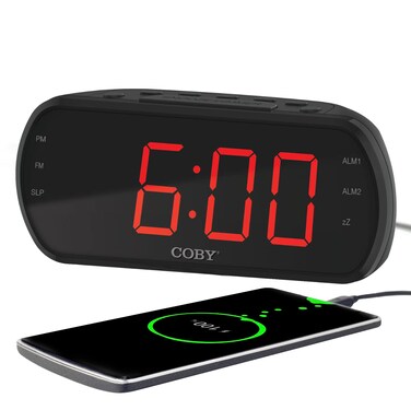 Coby Digital Dual Alarm Clock with FM Radio - Large LED Display Bedside Clock with Battery Backup, USB Phone Charger, Volume, Dimmer, 20 Memory Presets, Snooze, 12/24H, Travel, Home, Office