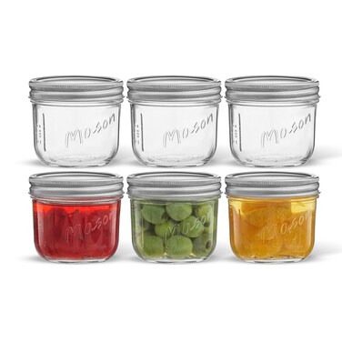 JoyJolt 8 Oz Mason Jars With Lids, Labels and Measures! 6-Pack Wide Mouth Glass Jar with Lid and Band. Airtight Canning Jars, Overnight Oats Jars, Salad Jars, Sourdough Starter Jar