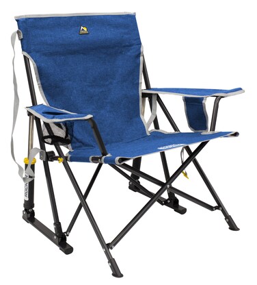 GCI Outdoor Kickback Rocker Camping Chair   Portable Folding Rocking Chair with Durable Armrests, Drink Holder &amp; Relaxed Lowered Seat for Comfort &mdash; Heathered Royal