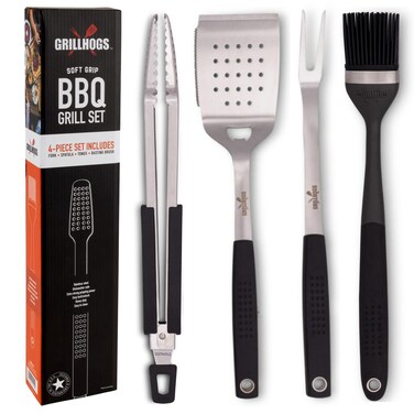 GRILLHOGS Heavy Duty BBQ Grilling Tool Set, Premium Soft Grip Tongs, Spatula with Bottle Opener and Serrated Edge, Barbecue Meat Fork, Stainless Steel Basting Brush, Premium BBQ Utensils Set (4 Piece)