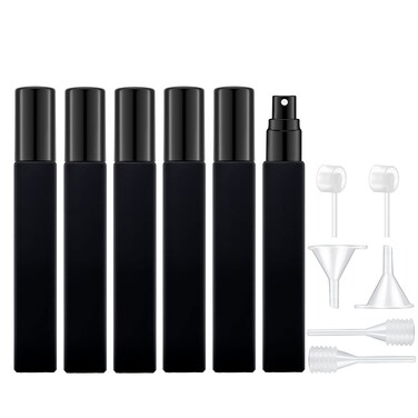 Lil Ray 10ml Glass Spray Bottle Refillable Perfume Atomizer for Men &amp; Women. Portable Fragrance Bottle for Travel,Party. Squared Shape, Coated Surface, UV Protection (6PCS,Black&amp;Black)