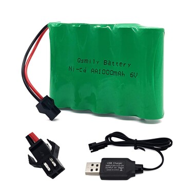 Qsmily&reg; 6V RC Battery, SM Connector, 1000mAh Rechargeable Ni-Cd Battery Pack with Charge Cable, Suitable for RC Monster Truck, 4WD Off-Road Military RC Truck, RC Climbing Vehicle