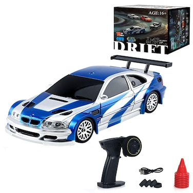 RC Drift Car, 1:43 Scale Drifting RC Cars, 2.4GHz 4WD RC Race Car, 15km/h High-Speed Remote Control Drift Car Vehicle with LED Lights Drifting Tire Racing Sport Toy Car for Adults (Blue+White)