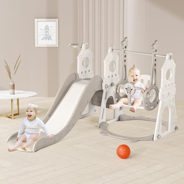 4-in-1 Toddler Slide and Swing Set with Extra Large Playground, Basketball Hoop &amp; Climber, Indoor/Outdoor Playset, Castle Collection - Grey &amp; White