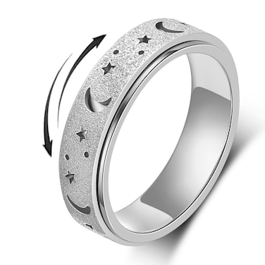 AmorArtSky Anxiety Ring for Women Men,Titanium Stainless Steel Spinner Ring,5 Colors,6MM,Size 6-10,3 Styles Anxiety Ring-Moon Star,Sandblasted Finished,Hollow Outer