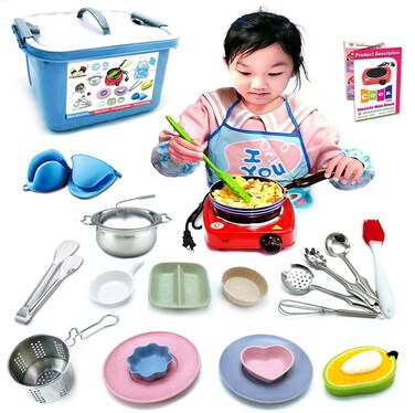 22 Pcs Montessori Kids Junior Tiny Real Toddler Safe Easy Bake Cook Set with Pretend Kitchen Tool -Mini Stove Burner, Chef, Apron, Oven Mitt, Recipes -Real Food Utensils Gift for Boys Girls Ages 6-12