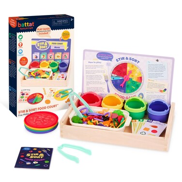 Battat Education &ndash; Play Food Set &ndash; Sorting Toy Food &ndash; Toddler Pretend Play Set &ndash; Fine Motor Food Toy &ndash; Learning Kitchen Toys - 3 Years + &ndash; Stir &amp; Sort Food Court (102 Pcs)