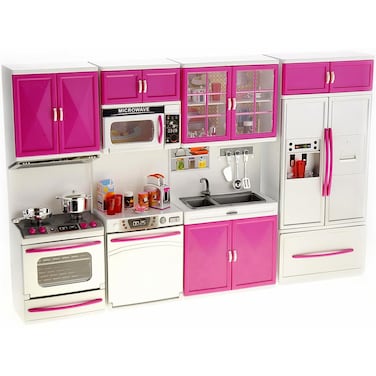 PowerTRC Doll Kitchen Play Set, Mini Modern Toy Kitchen Pretend Play Furnitures Toy Set Accessories Set with Realistic Light &amp; Sound for Kids Toddlers Girls (4-in-1)