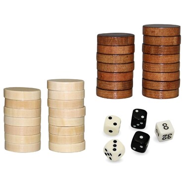 ASNEY Wooden Backgammon Pieces, Solid Wood Checker Pieces Set Board Game Table Chips and 5 Dices, Includes Storage Bag (1.22")