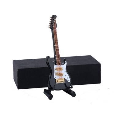 Dselvgvu Wooden Miniature Electric Guitar with Stand and Case Mini Musical Instrument Replica Dollhouse Accessories Model Christmas Ornament Birthday Gift (Black, 3.92"x1.24"x0.37")